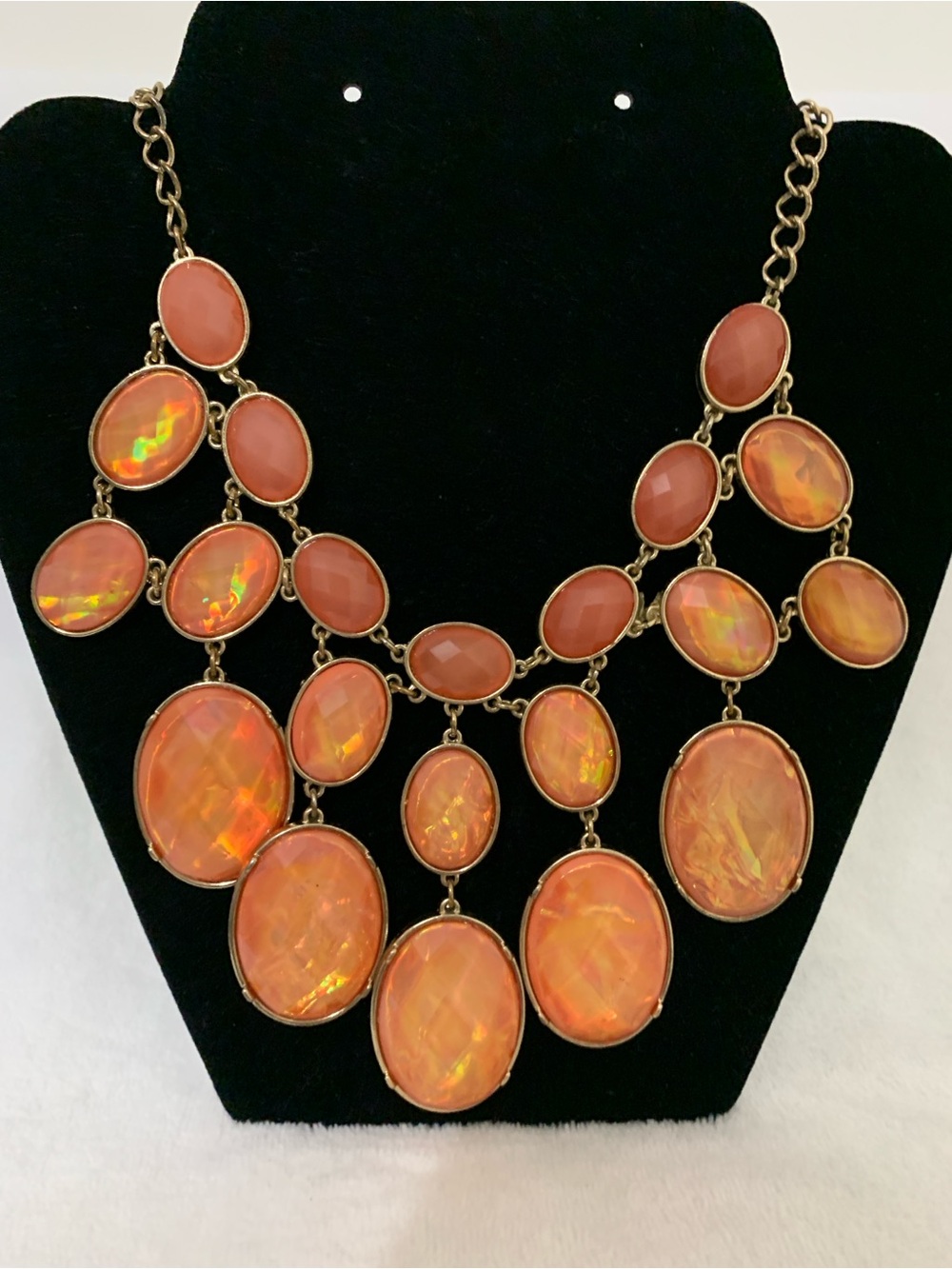 Statement Orange Bib Necklace -  Multi Oval Gems
